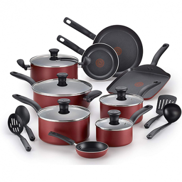 T-fal B209SI Initiatives Nonstick Inside and Out Dishwasher Safe Oven Safe Cookware Set, 18-Piece, Red